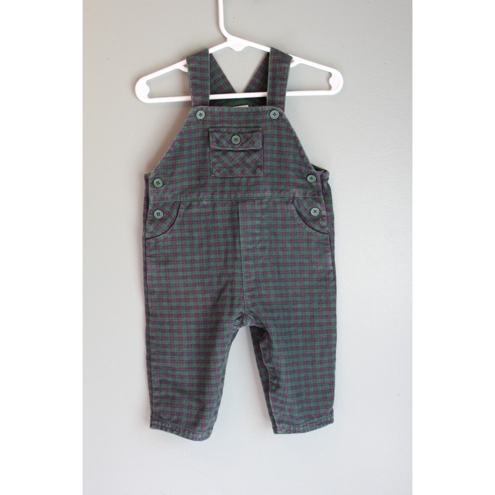 Vintage Starting Out Plaid Green Baby Overalls Size 9M 100% Cotton